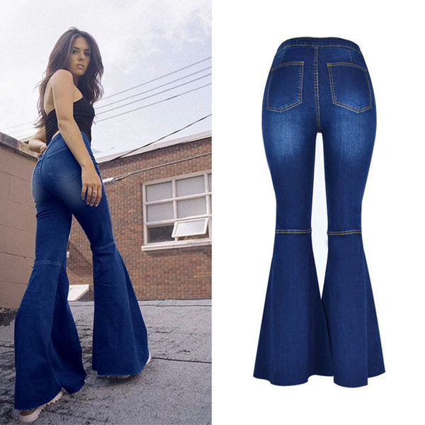 Retro exaggerated Flared Navy! Women Jeans, Denim, Slim Fitting Women Jeans, Femme Bottoms, Bell Bottom - KellyModa Store