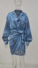 Jeans Blue! Printed Long Sleeve Loose Fitting Buttoned-up Shirt and Skirt 2-Piece set! 2207