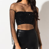 Black Long Sleeve See-through Mesh Crop Top with Shining Rhinestones , Bikini Cover Up Tops - KellyModa Store