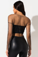 Black Long Sleeve See-through Mesh Crop Top with Shining Rhinestones , Bikini Cover Up Tops - KellyModa Store