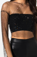 Black Long Sleeve See-through Mesh Crop Top with Shining Rhinestones , Bikini Cover Up Tops - KellyModa Store