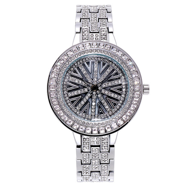 Lucky Wheel Full Diamand Big 38 mm! Women Fashion Luxury Quartz Watch with Metal Band, Analog Stainless Steel Wrist