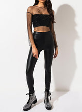 Black Long Sleeve See-through Mesh Crop Top with Shining Rhinestones , Bikini Cover Up Tops - KellyModa Store