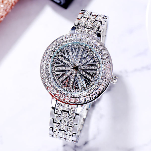 Lucky Wheel Full Diamand Big 38 mm! Women Fashion Luxury Quartz Watch with Metal Band, Analog Stainless Steel Wrist