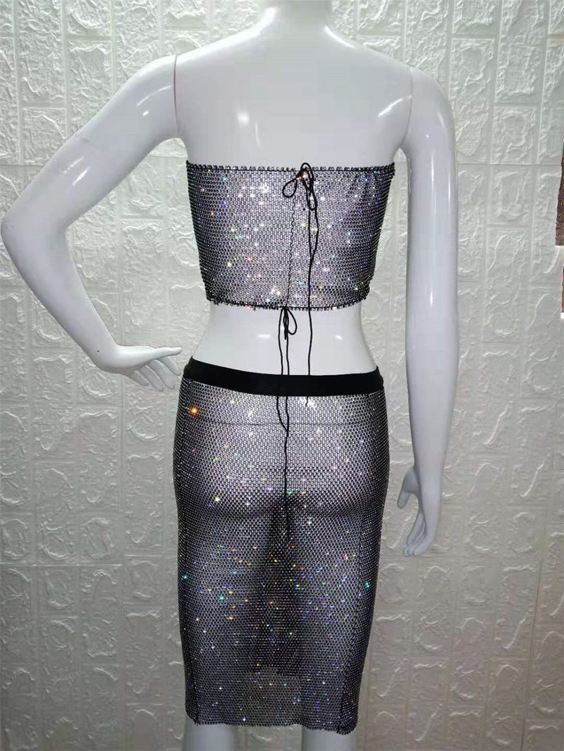 BlingBling Tube Top and Skirt 2-piece Set! Blingbling Rhinestones 2-Piece Set, Sexy Clubwear