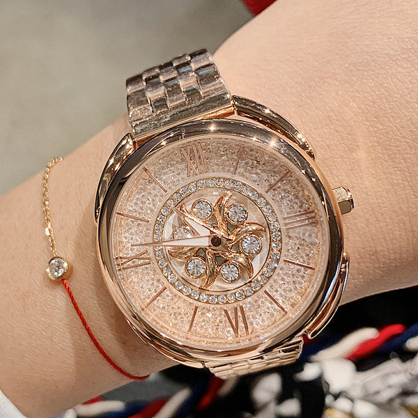 Wind Wheel Round! Women Fashion Luxury Quartz Watch with Metal Band, Analog Stainless Steel Wrist