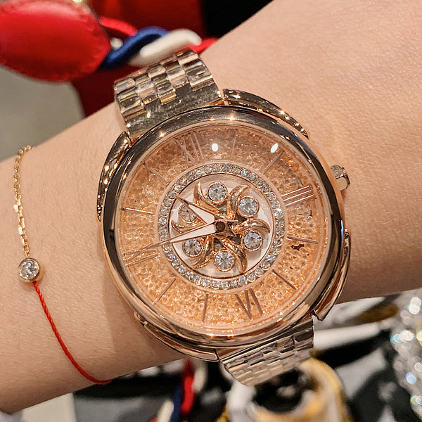 Wind Wheel Round! Women Fashion Luxury Quartz Watch with Metal Band, Analog Stainless Steel Wrist