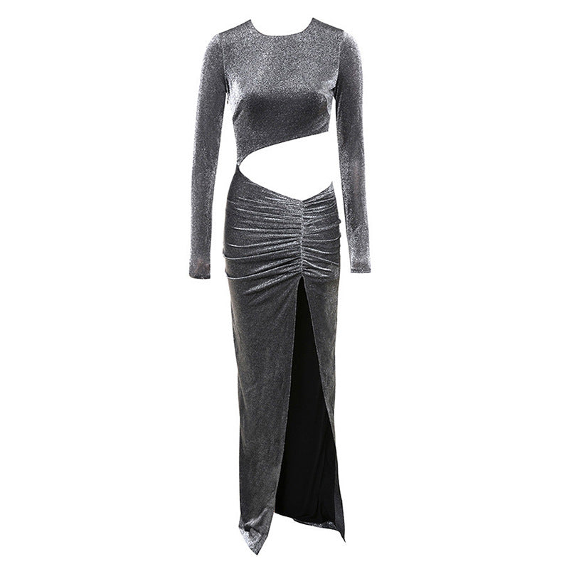 Shining Elegant Gray Wrinkled High Split Long Sleeve Long Dress! Event Luxury Long Dress 2112 - KellyModa Store