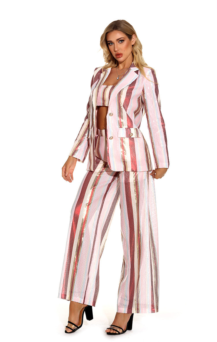 Shining Chic Loose Fitting Striped Blazer, Crop Top and Pants 3-Piece Set! High Street Fashion Trendy 2112 - KellyModa Store