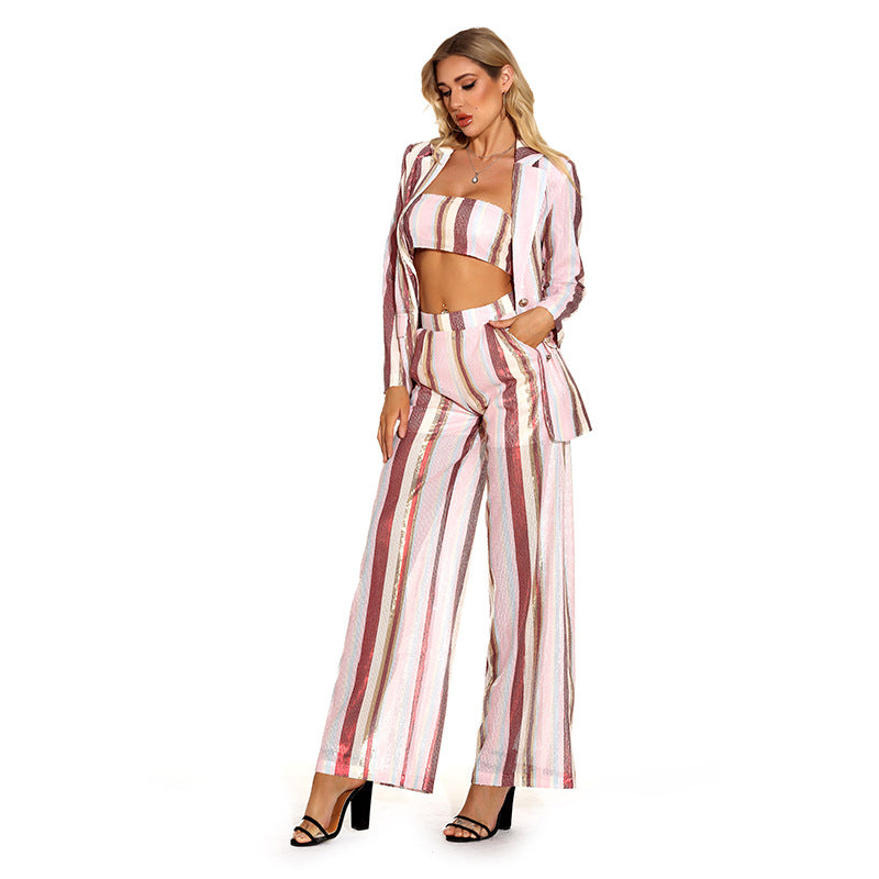 Shining Chic Loose Fitting Striped Blazer, Crop Top and Pants 3-Piece Set! High Street Fashion Trendy 2112 - KellyModa Store