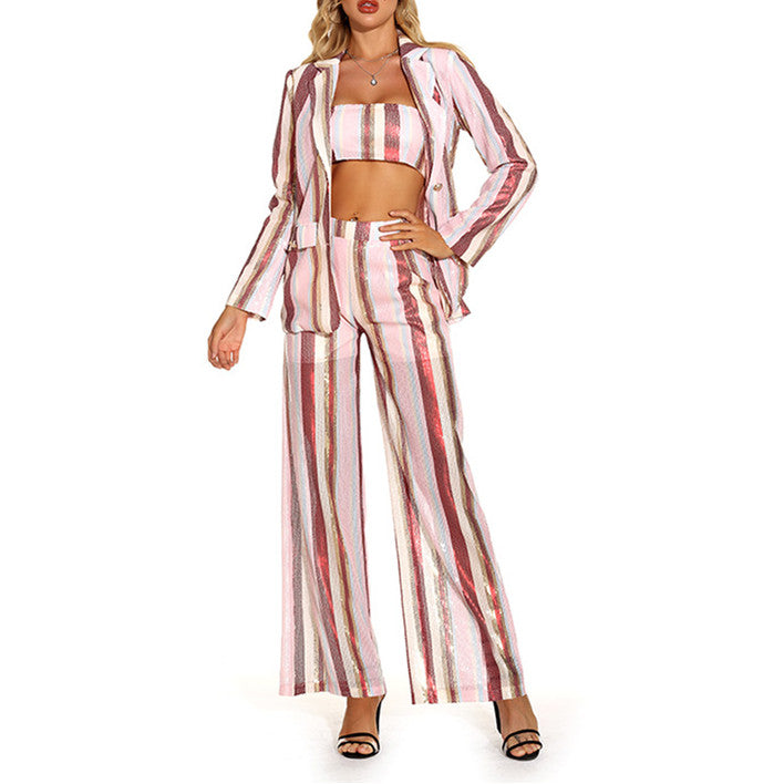 Shining Chic Loose Fitting Striped Blazer, Crop Top and Pants 3-Piece Set! High Street Fashion Trendy 2112 - KellyModa Store