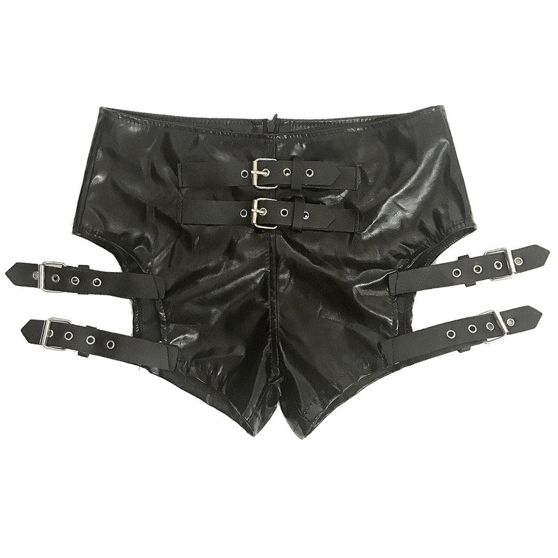 Hot Buckled Middle Waisted Glossy Patent PU Leather Hot Shorts, Sexy Nightclub Wear, Hot Pants 864