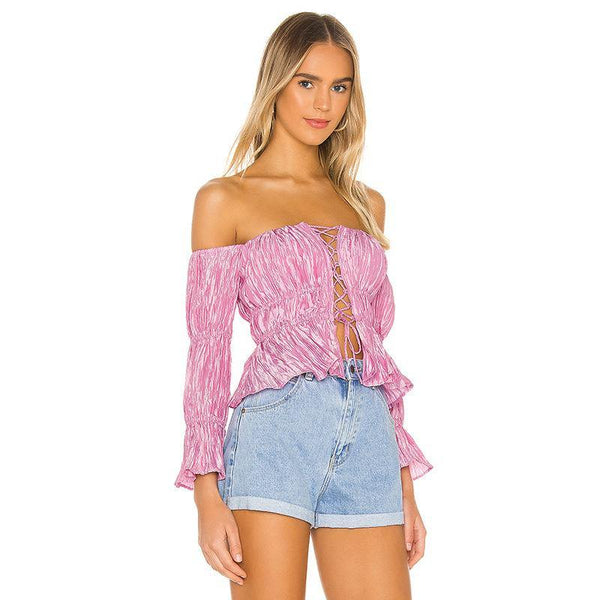 Ruffled Sexy Laced Strapless Top pink! Short Sleeve Sexy Small Cropped Top Celebrity Fashion 2111 - KellyModa Store