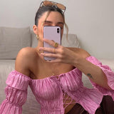 Ruffled Sexy Laced Strapless Top pink! Short Sleeve Sexy Small Cropped Top Celebrity Fashion 2111 - KellyModa Store