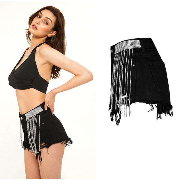 Rhinestone Tassels! Shining Fringed Black Shorts Jeans, Denim, Bottoms, Women Jeans, Femme Bottoms, Hot Pants - KellyModa Store