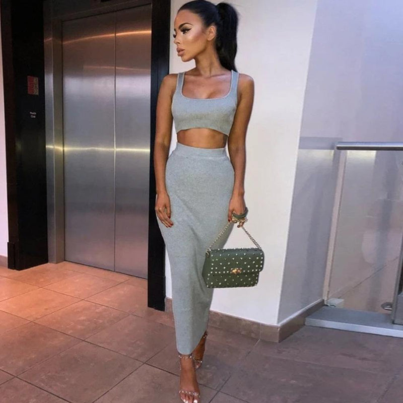 Ribbed Knitted Sexy Crop Top and Skirt 2-piece Set! Sleeveless Sexy Tops Celebrity Fashion 2111 - KellyModa Store