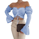 Long Flared Sleeve Wrinkled Sexy Strapless Crop Top! Sexy Cropped Top Celebrity Fashion 2112 - KellyModa Store