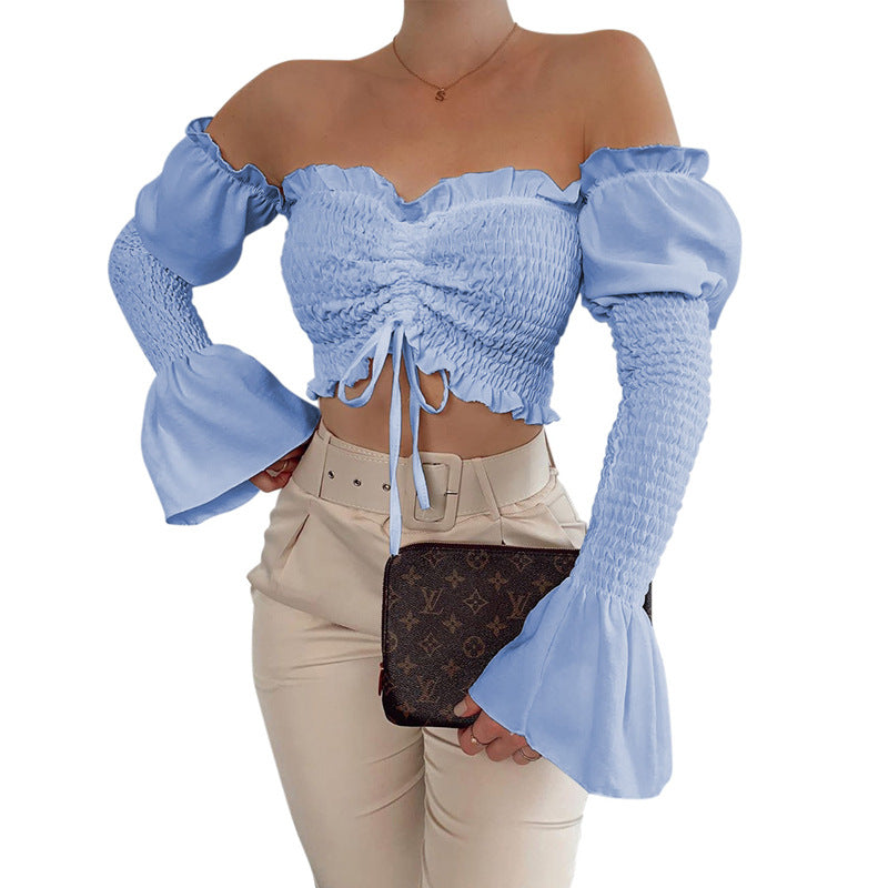 Long Flared Sleeve Wrinkled Sexy Strapless Crop Top! Sexy Cropped Top Celebrity Fashion 2112 - KellyModa Store