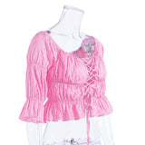 Ruffled Sexy Laced Strapless Top pink! Short Sleeve Sexy Small Cropped Top Celebrity Fashion 2111 - KellyModa Store