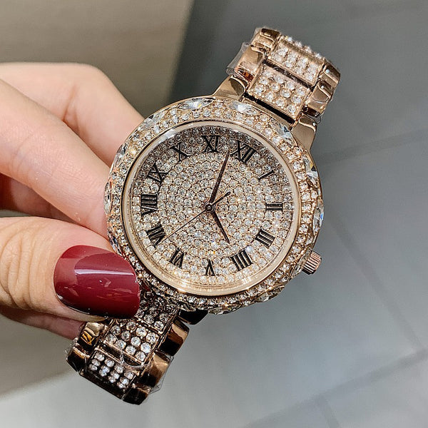 Roman Number Full Diamond Big 41mm! Women Fashion Luxury Quartz Watch with Metal Band, Analog Stainless Steel Wrist