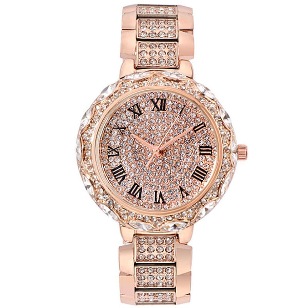 Roman Number Full Diamond Big 41mm! Women Fashion Luxury Quartz Watch with Metal Band, Analog Stainless Steel Wrist