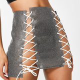 BlingBling Rhinestones Laced-up Skirt, Shining Crop Tops, ClubWear Show Wear - KellyModa Store