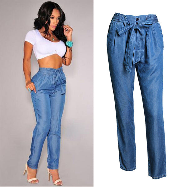 Tie-waist ! Women Light Weight Summer Jeans, Denim, Slim Fitting Women Jeans, Femme Bottoms, Bell Bottom - KellyModa Store