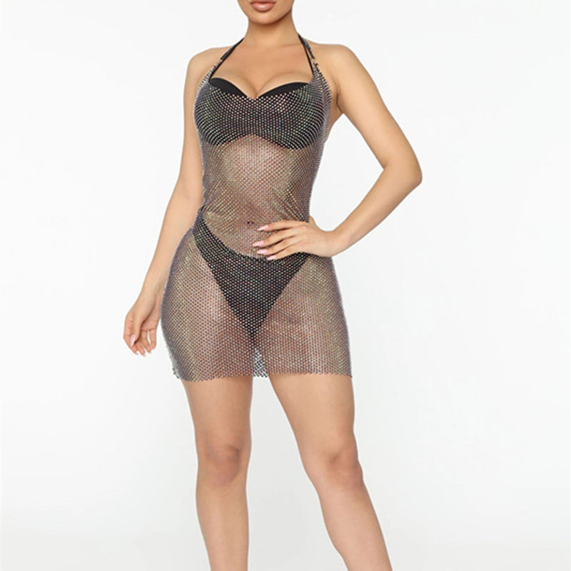 See-through Mesh Halter Backless Dress with Rhinestones , Bikini Cover Up ClubWear - KellyModa Store