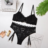 Laced-Up Black! Sexy Embroidered Mesh Lingerie Bra and Panty Set, Sexy Lingerie, Embroidery Underwear - KellyModa Store