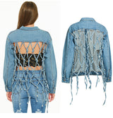 Fishnet Back Uniquely Designed Denim Jacket Top! Chic Top Jeans Jacket Celebrity Fashion 2112 - KellyModa Store