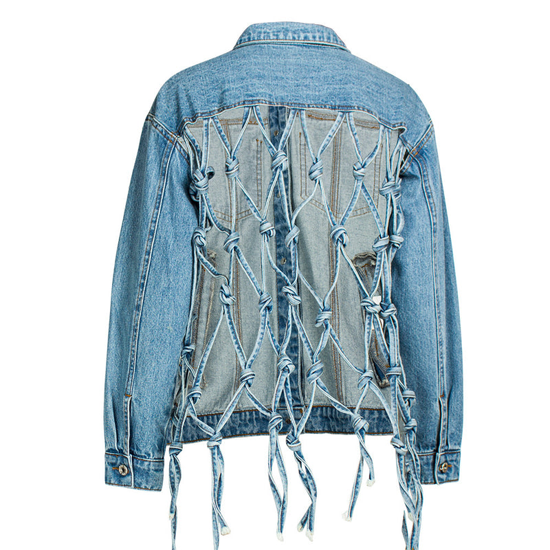 Fishnet Back Uniquely Designed Denim Jacket Top! Chic Top Jeans Jacket Celebrity Fashion 2112 - KellyModa Store