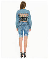 Fishnet Back Uniquely Designed Denim Jacket Top! Chic Top Jeans Jacket Celebrity Fashion 2112 - KellyModa Store