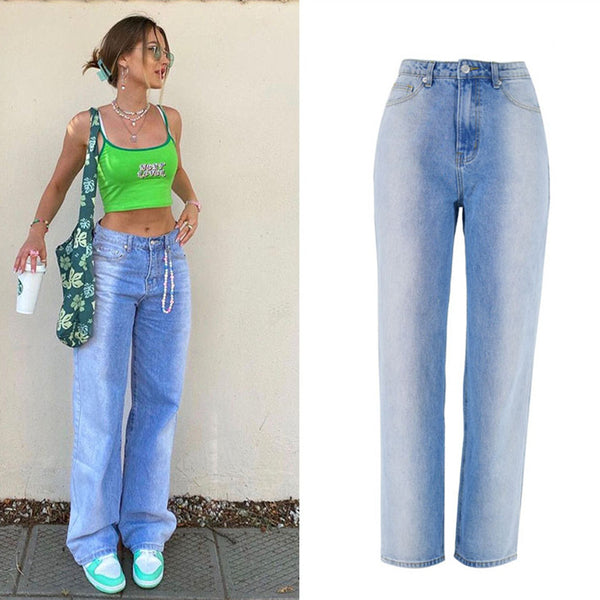 Gradient Color Vertical! Women Straight Leg Blue Jeans, Casual Women Jeans, Loose Fitting - KellyModa Store