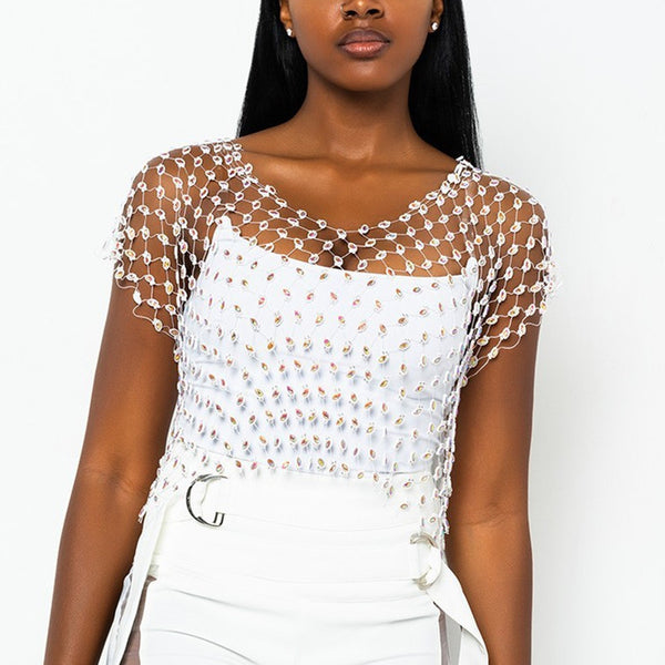 See-through Mesh Crop Top with  Shining Rhinestones , Bikini Cover Up Tops, ClubWear - KellyModa Store