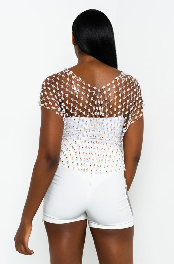 See-through Mesh Crop Top with  Shining Rhinestones , Bikini Cover Up Tops, ClubWear - KellyModa Store