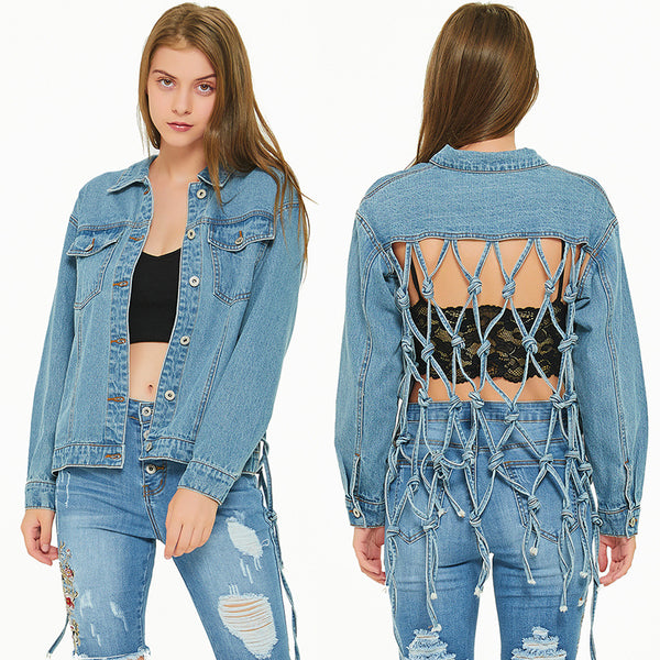 Fishnet Back Uniquely Designed Denim Jacket Top! Chic Top Jeans Jacket Celebrity Fashion 2112 - KellyModa Store