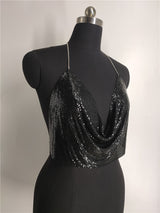 Club Slay Armor! Sexy Cropped Backless Halter Tops with Flicker Sequins Fabric, Golden - KellyModa Store