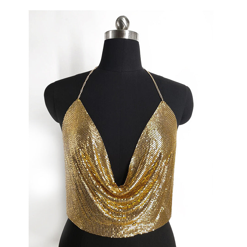 Club Slay Armor! Sexy Cropped Backless Halter Tops with Flicker Sequins Fabric, Golden - KellyModa Store