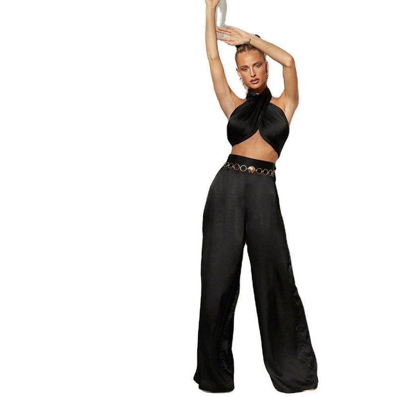 Sexy Halter Crop Top and Wide Leg Pants 2-piece Set! Sleeveless Sexy Tops Celebrity Fashion 2111 - KellyModa Store