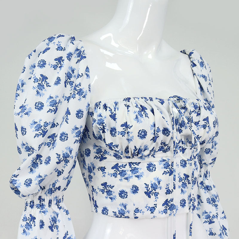 Puffy Sleeves Cropped Floral Shirt! Long Sleeve Crop Tops Printed Shirt Women Fashion 2202