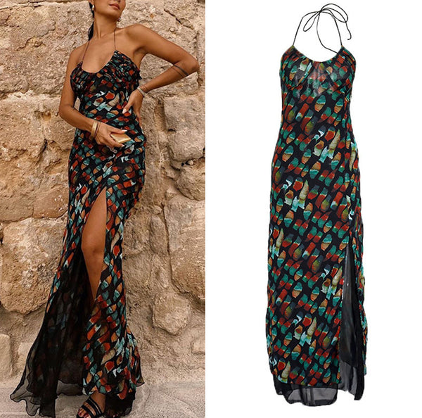 Abstract Pattern Long Printed Halter Dress!   Low Cut Floral Dress Sexy Casual Celebrity Fashion 2112 - KellyModa Store