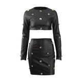 Gold Buttons! Dashing Sexy Patent Vegan PU Leather Long Sleeve Crop Tank Top and Skirt 2-piece set 2112 - KellyModa Store