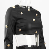 Gold Buttons! Dashing Sexy Patent Vegan PU Leather Long Sleeve Crop Tank Top and Skirt 2-piece set 2112 - KellyModa Store