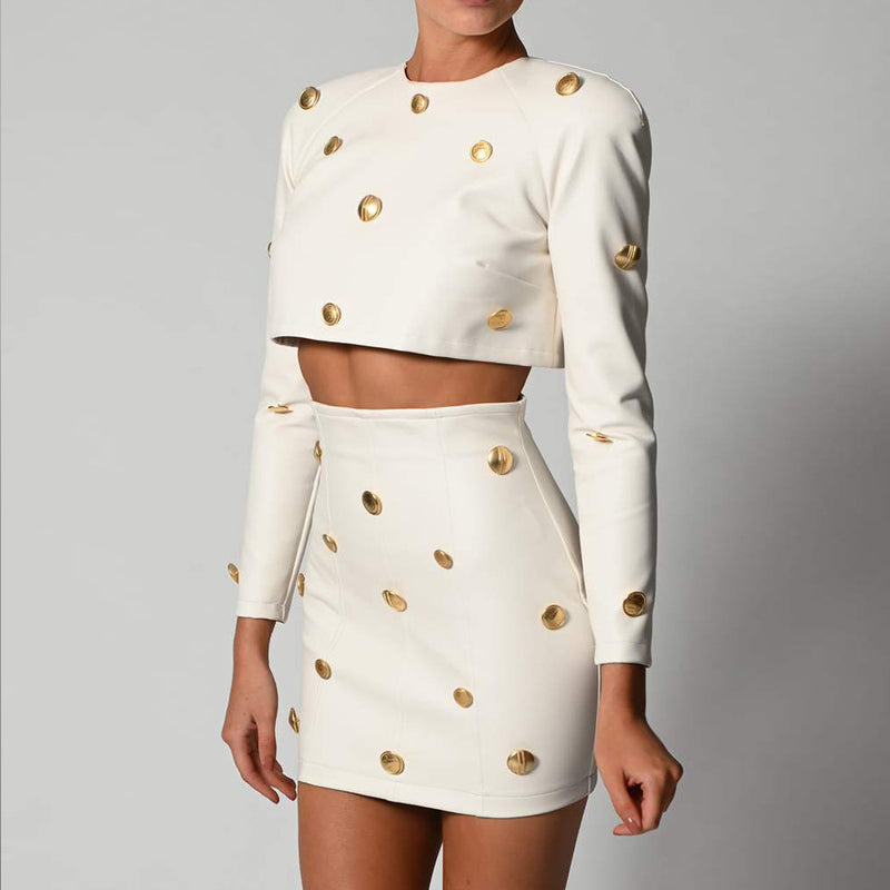 Gold Buttons! Dashing Sexy Patent Vegan PU Leather Long Sleeve Crop Tank Top and Skirt 2-piece set 2112 - KellyModa Store