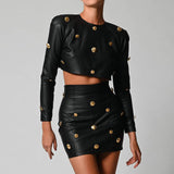 Gold Buttons! Dashing Sexy Patent Vegan PU Leather Long Sleeve Crop Tank Top and Skirt 2-piece set 2112 - KellyModa Store