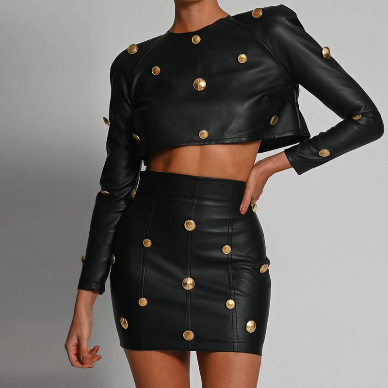 Gold Buttons! Dashing Sexy Patent Vegan PU Leather Long Sleeve Crop Tank Top and Skirt 2-piece set 2112 - KellyModa Store