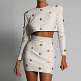 Gold Buttons! Dashing Sexy Patent Vegan PU Leather Long Sleeve Crop Tank Top and Skirt 2-piece set 2112 - KellyModa Store