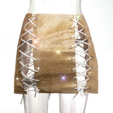 BlingBling Rhinestones Laced-up Skirt, Shining Crop Tops, ClubWear Show Wear - KellyModa Store