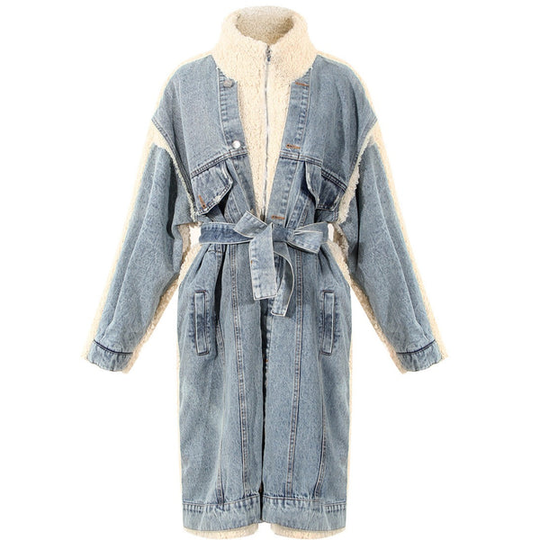 Winter Warm Blue Jeans Denim and Fleece Coat! Chic Fall Winter Overcoat Wind Coat 2207