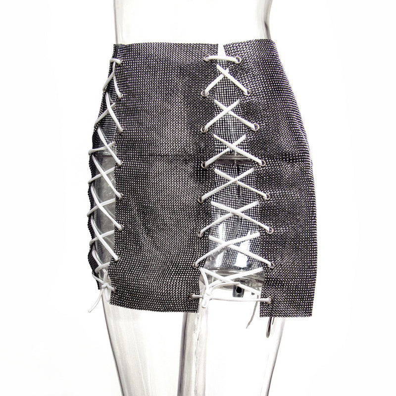 BlingBling Rhinestones Laced-up Skirt, Shining Crop Tops, ClubWear Show Wear - KellyModa Store